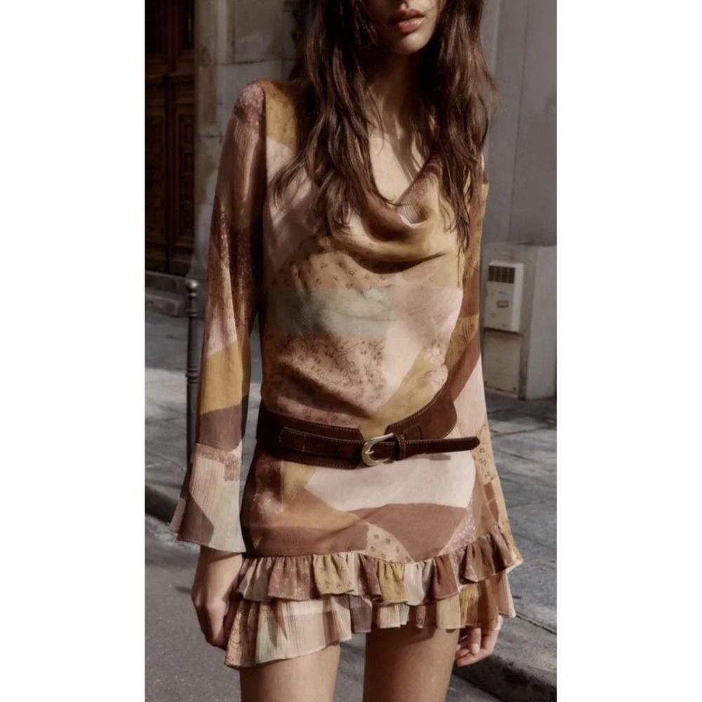 Zara Brown Patchwork Sheer Mini Dress Bohemian Belt Y2K Fairy Festival Grunge